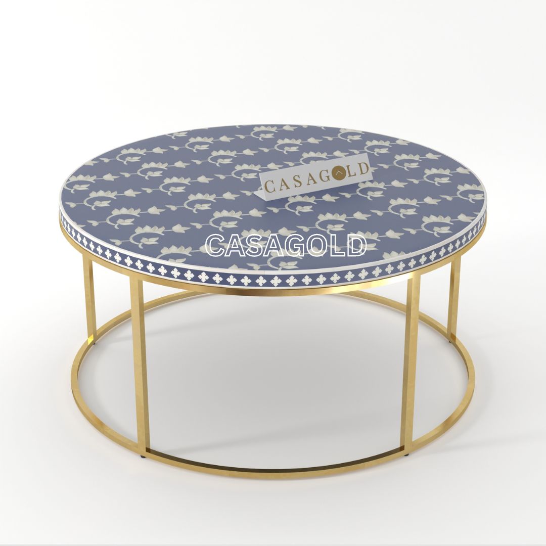 Indigo Glossy Round Bone Inlay Coffee Table
