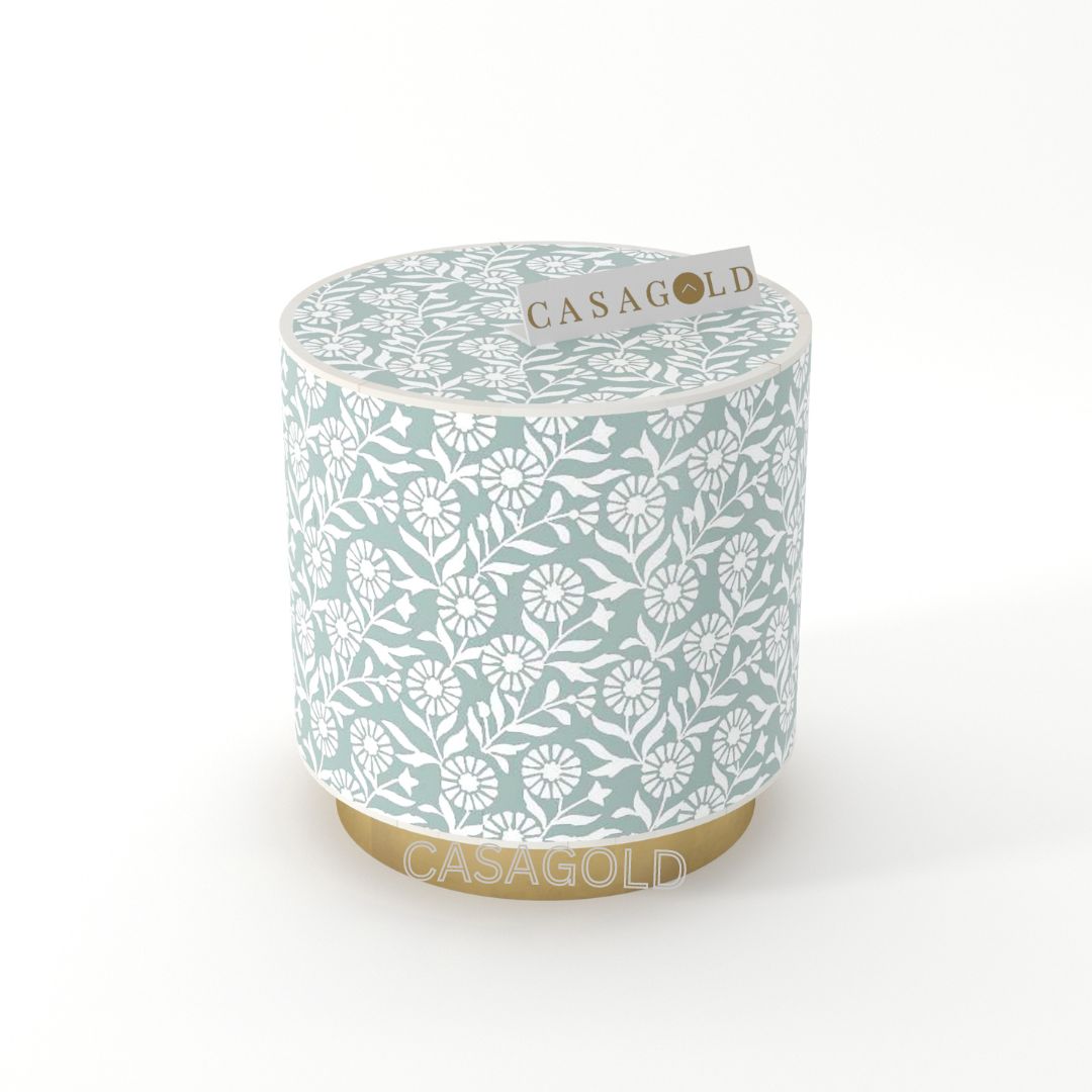 "Gold Base finish drum inlay side table with luxurious patterns"