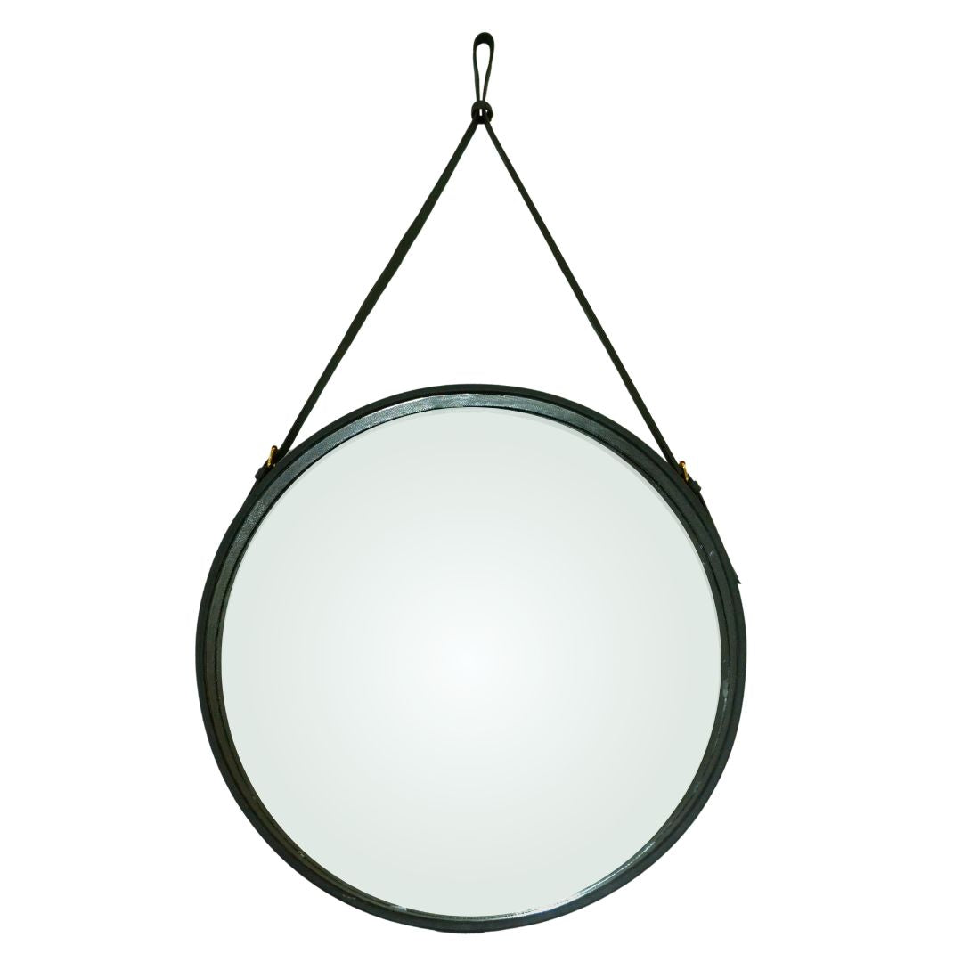 Green Round glass mirror with leather strap for industrial decor