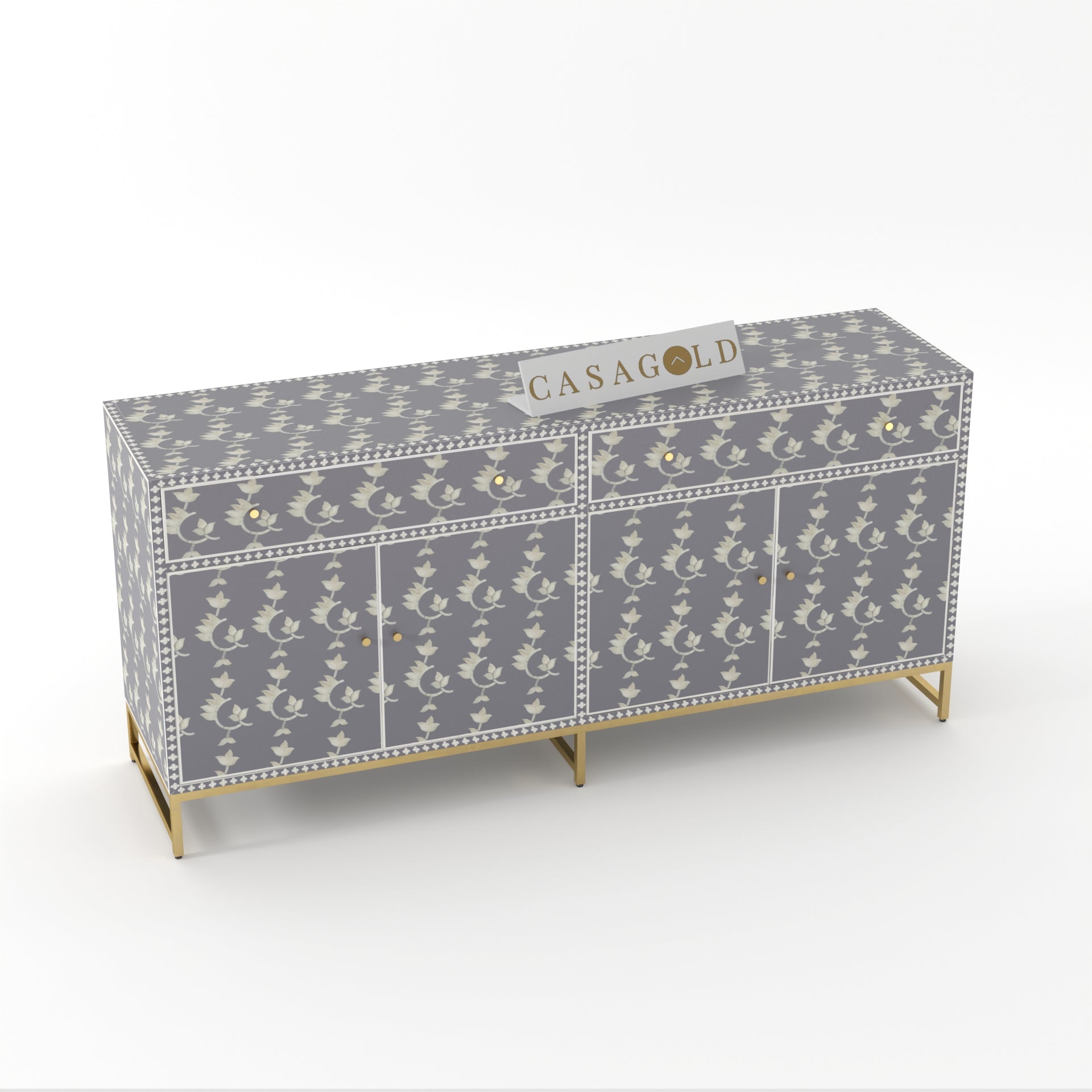 Grey and brass inlay sideboard for luxurious interiors.
