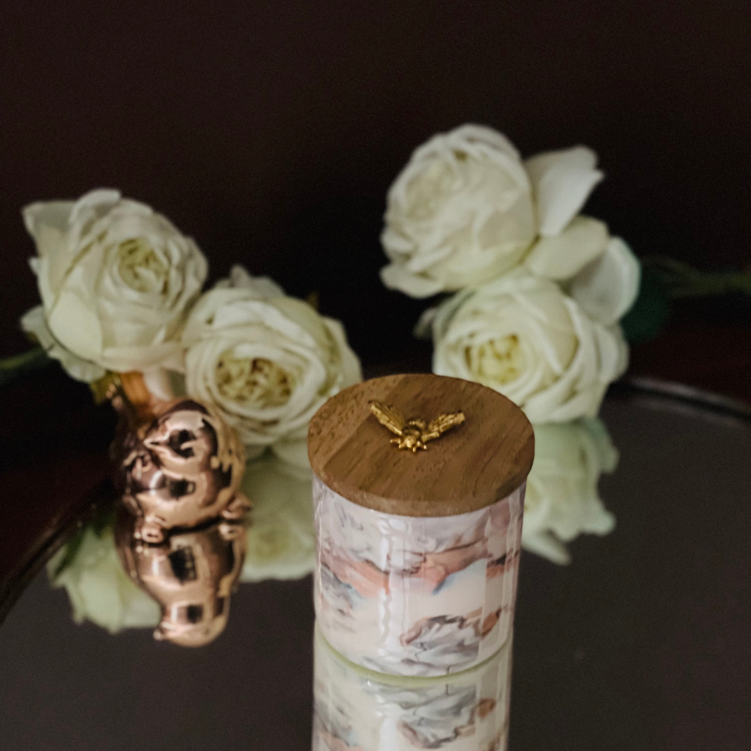 Hand-poured wax candle on a wooden table