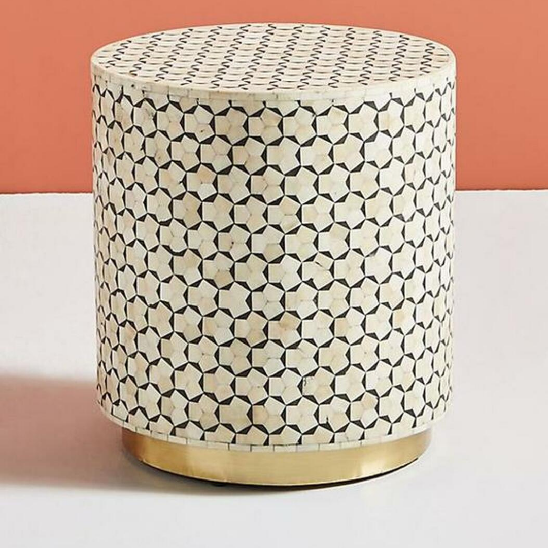 Handcrafted Bone Drum Inlay Side Table