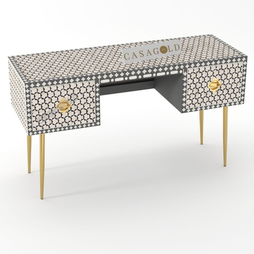 Handcrafted Chevron Bone Inlay Desk with Drawers