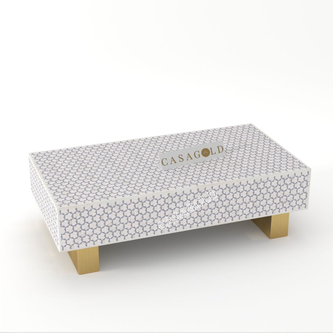 Handcrafted Floral Bone Inlay Rectangular Coffee Table