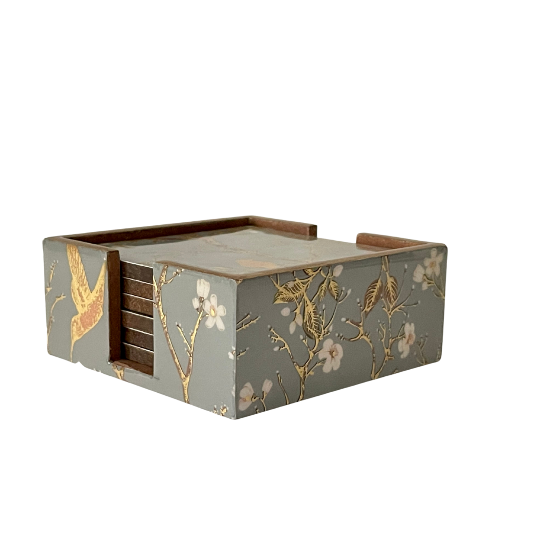 Handcrafted wooden coaster paired with a tissue box