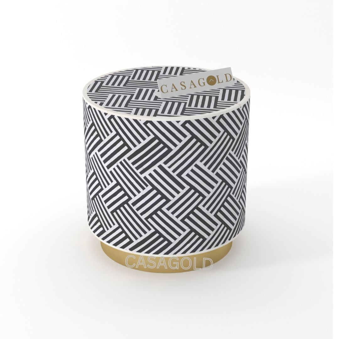 "Handcrafted drum inlay side table with unique bone patterns"