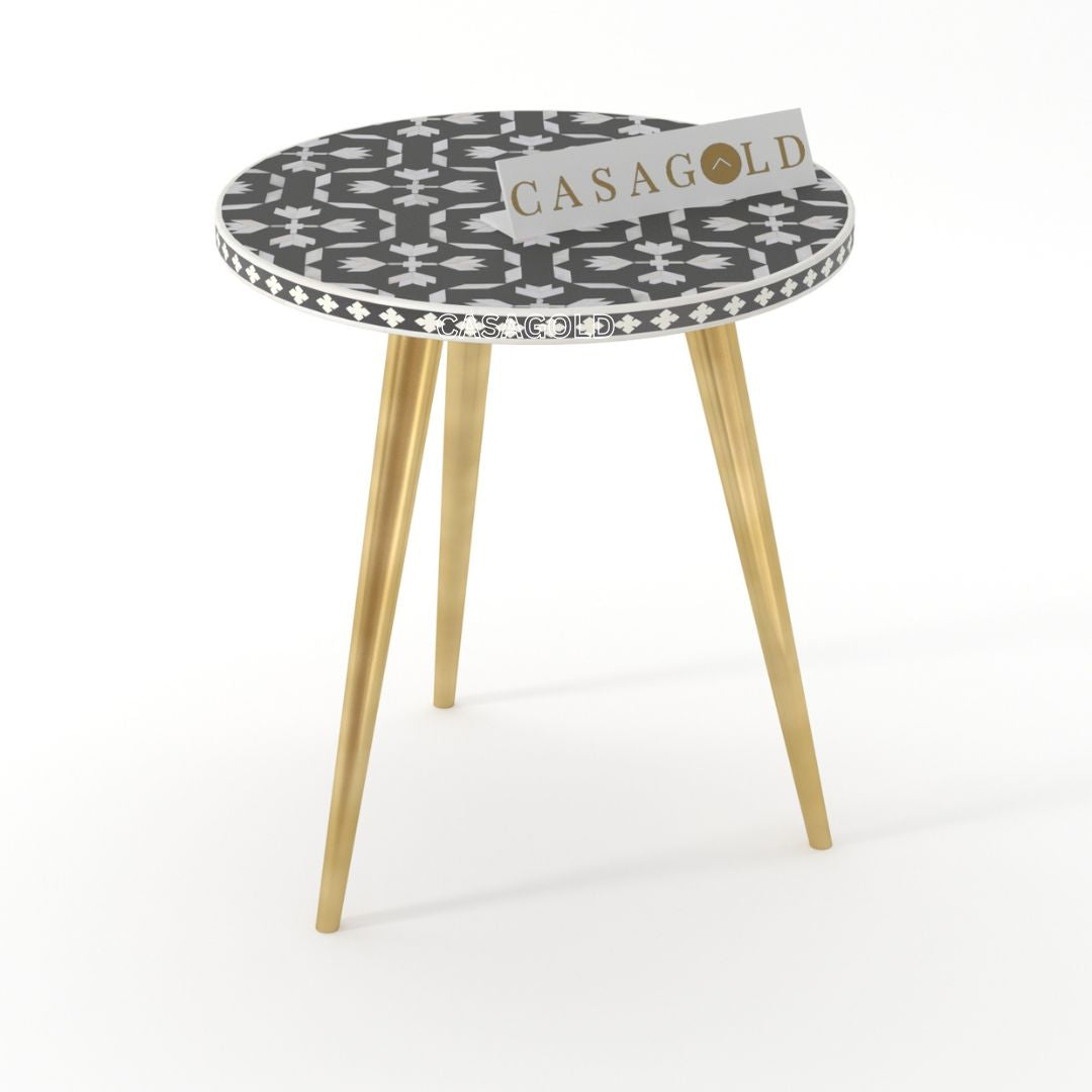 "Handcrafted floral inlay round side table supported by three legs"
