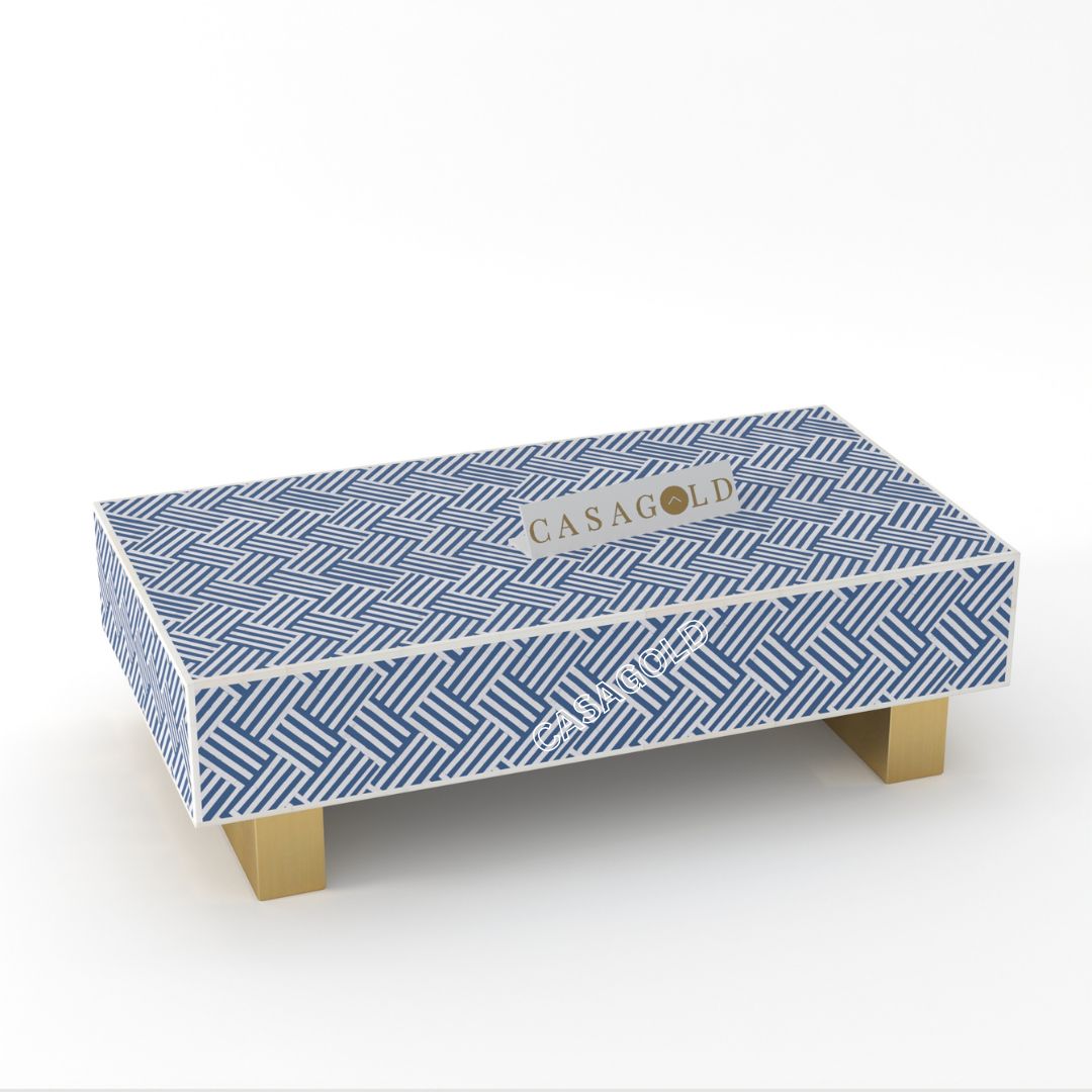 "Handcrafted rectangular coffee table with detailed bone inlay artwork"