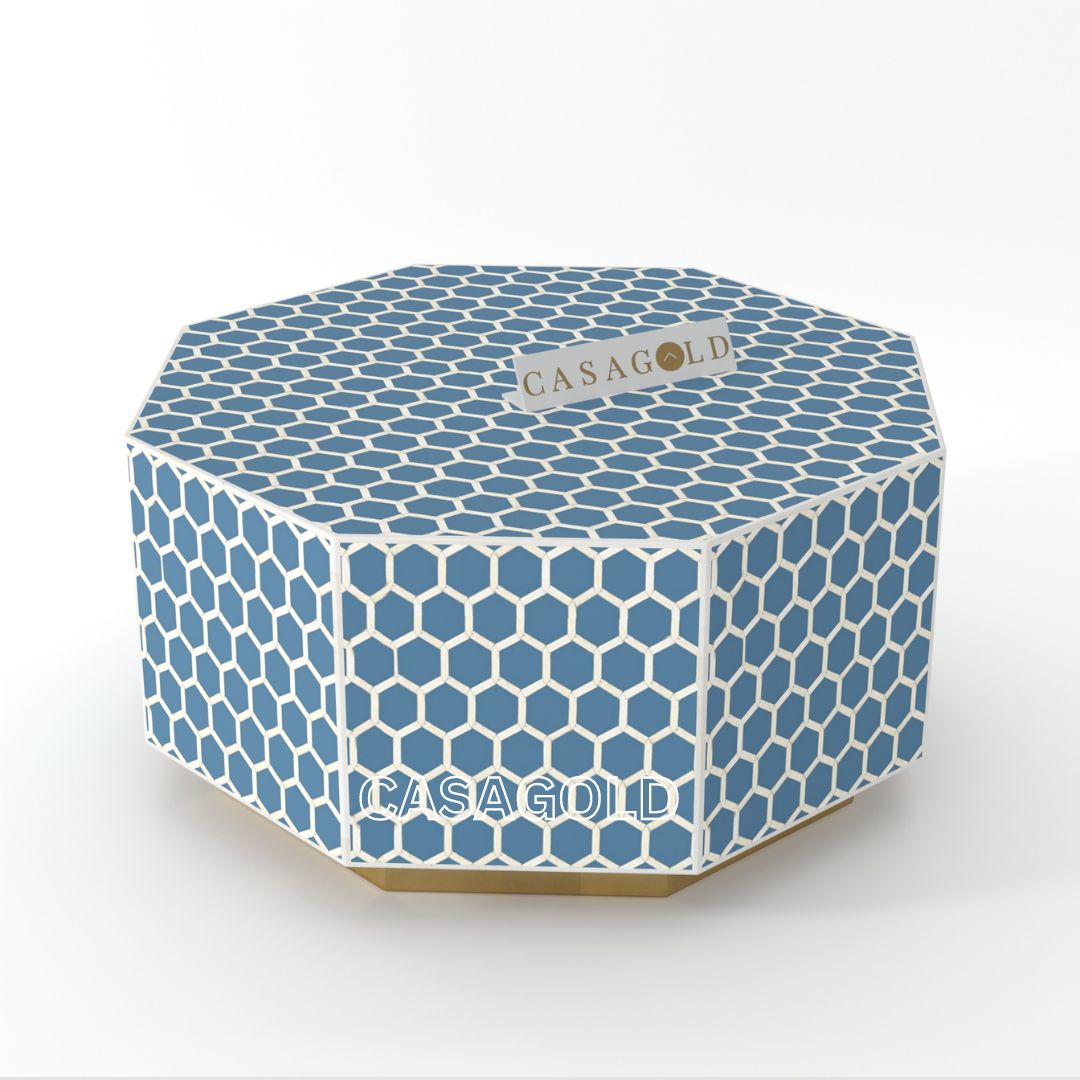 "Hexagonal bone inlay coffee table with intricate detailing"