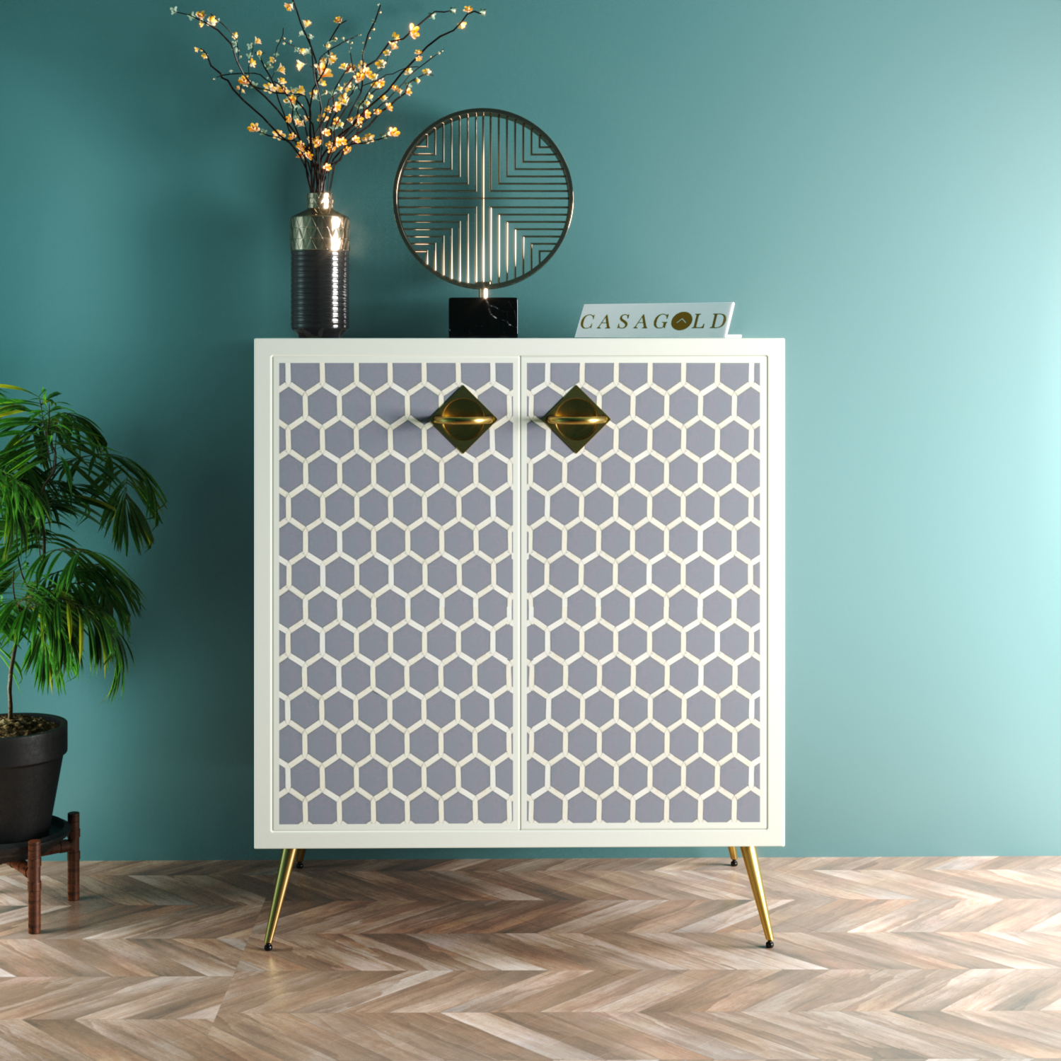 Chevron Bone Inlay Storage Cabinet	tall cabinet with doors closet cabinets hallway cabinet lockable cabinet