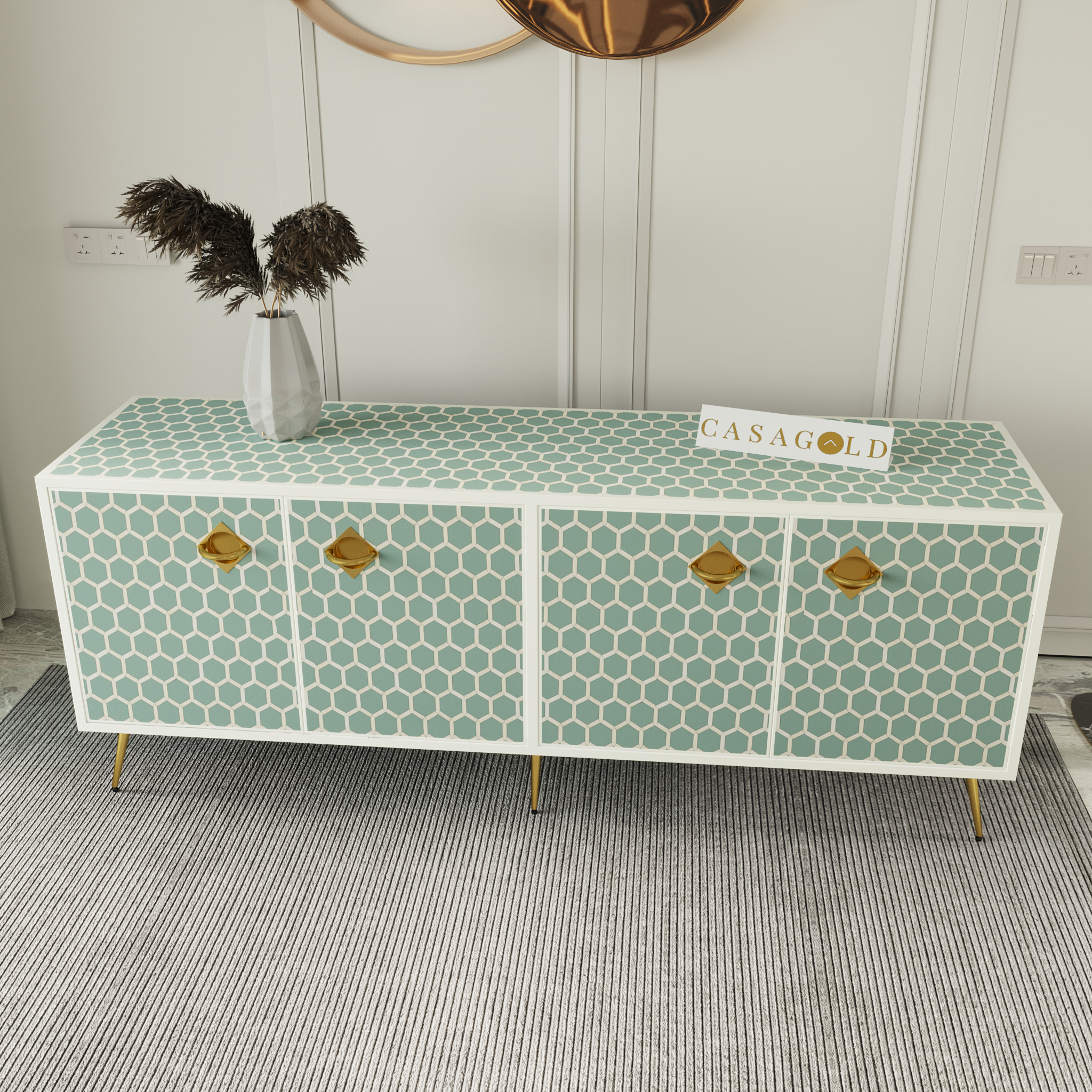 Honeycomb SeaGreen Bone Inlay Media Unit. corner cupboard solutions food pantry cabinet