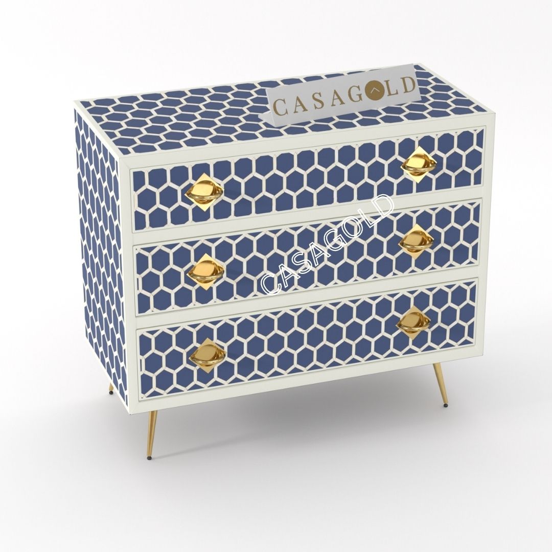 Handcrafted honeycomb blue inlay chest for unique bedroom storage
