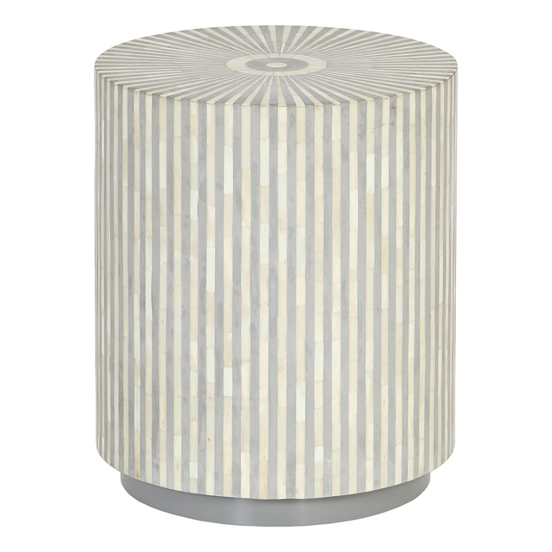Intricate Bone Inlay Drum Side Table