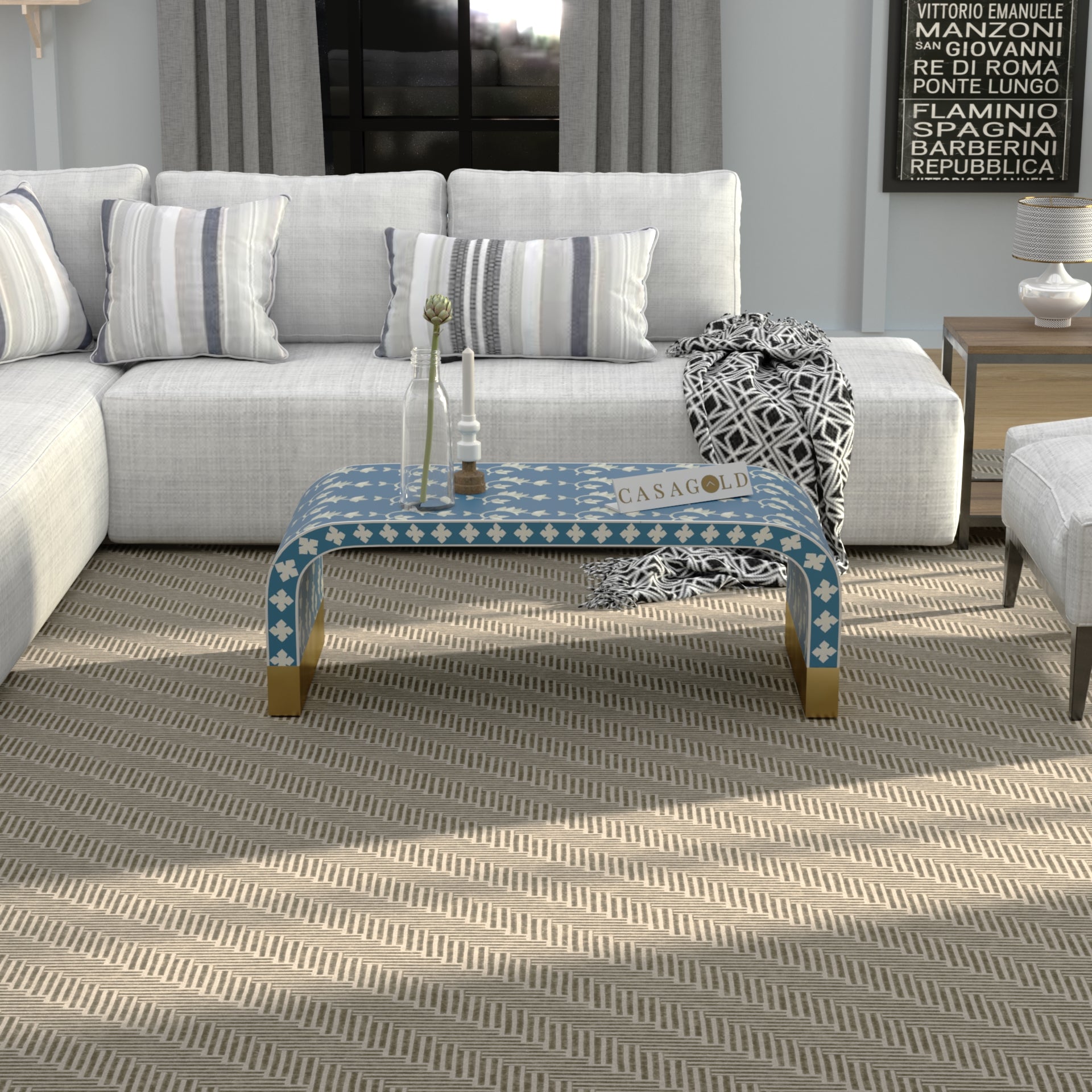 "Minimalist rectangular coffee table with subtle bone inlay patterns"