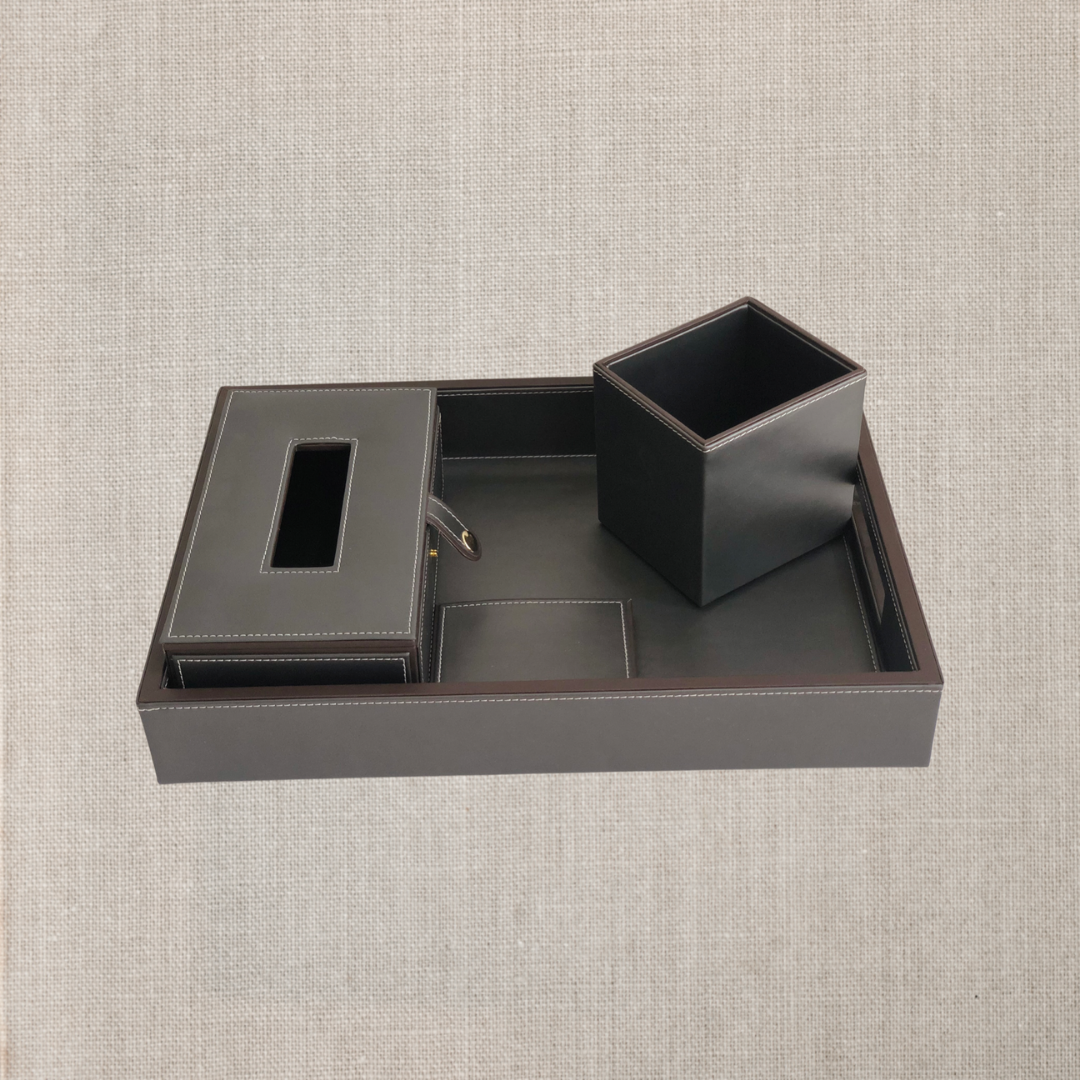 Stylish gray leather desk organizer for workspaces