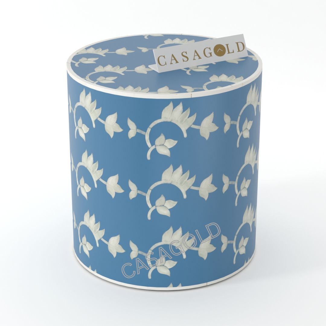 "Modern drum-shaped inlay side table with clean lines"