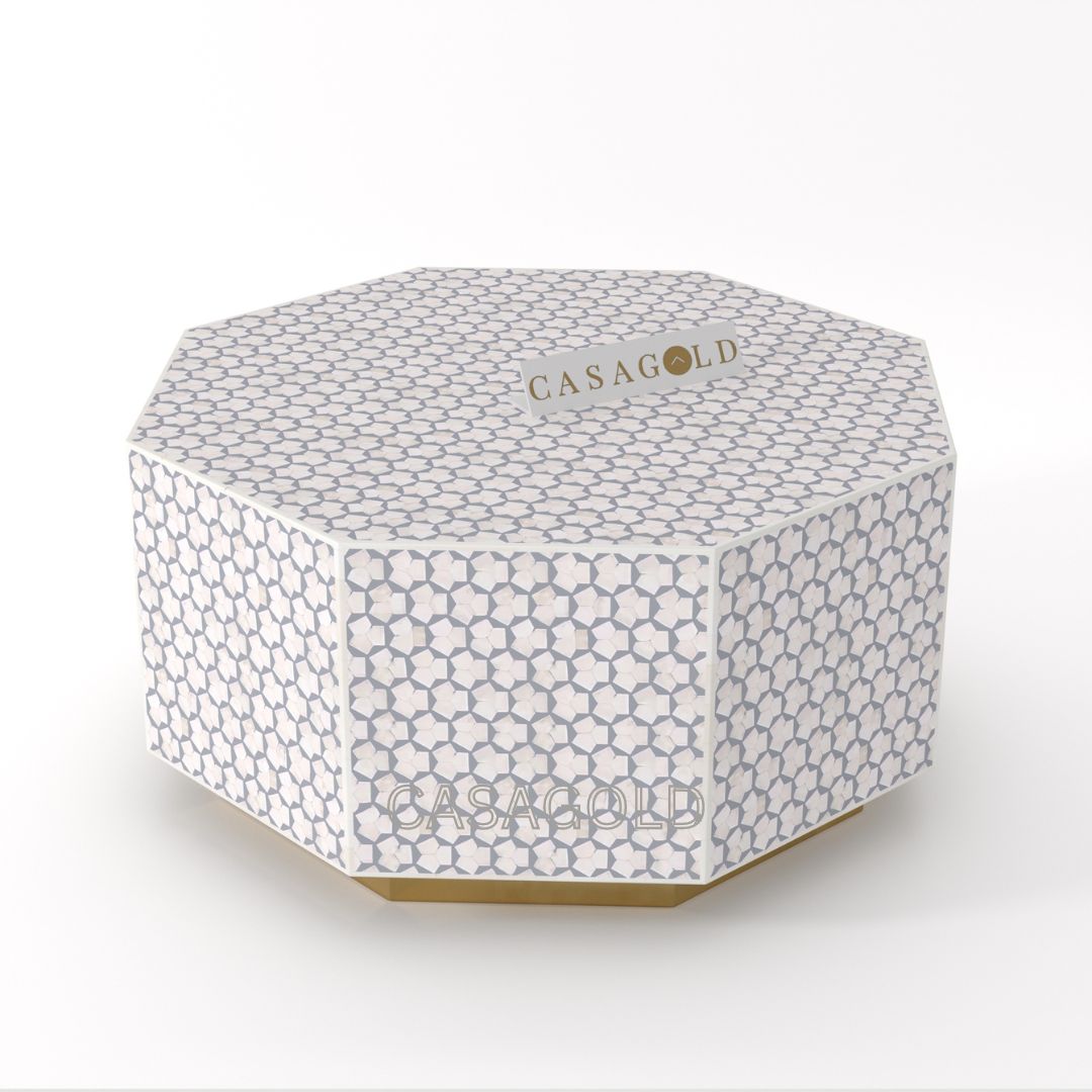 "Modern hexagon coffee table with bone inlay in neutral tones"