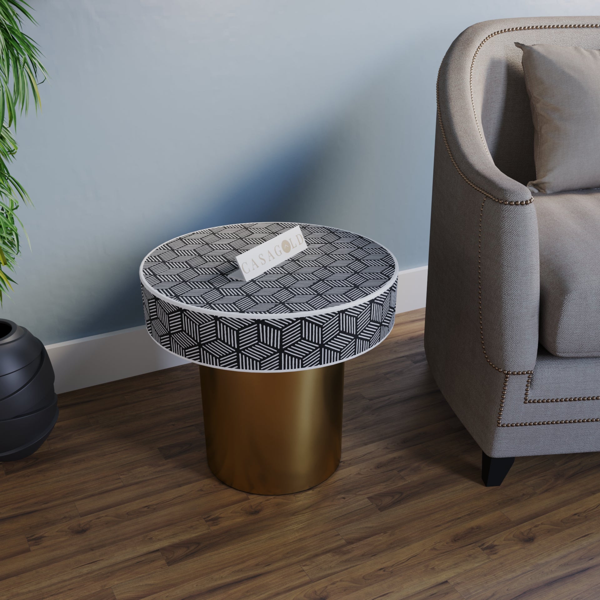 "Modern round bone inlay bedside table with a sleek and minimalist style"