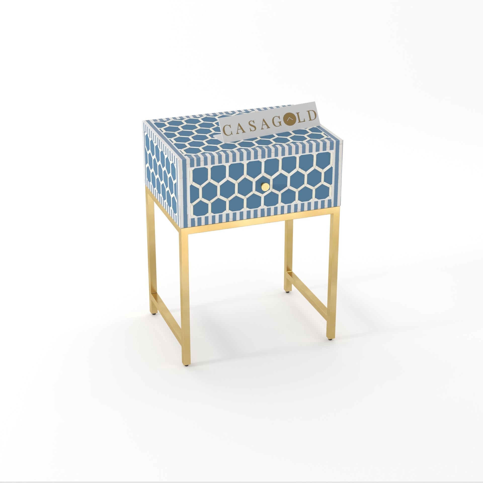 "Mother of pearl round inlay bedside table supported by gold legs for elegance"