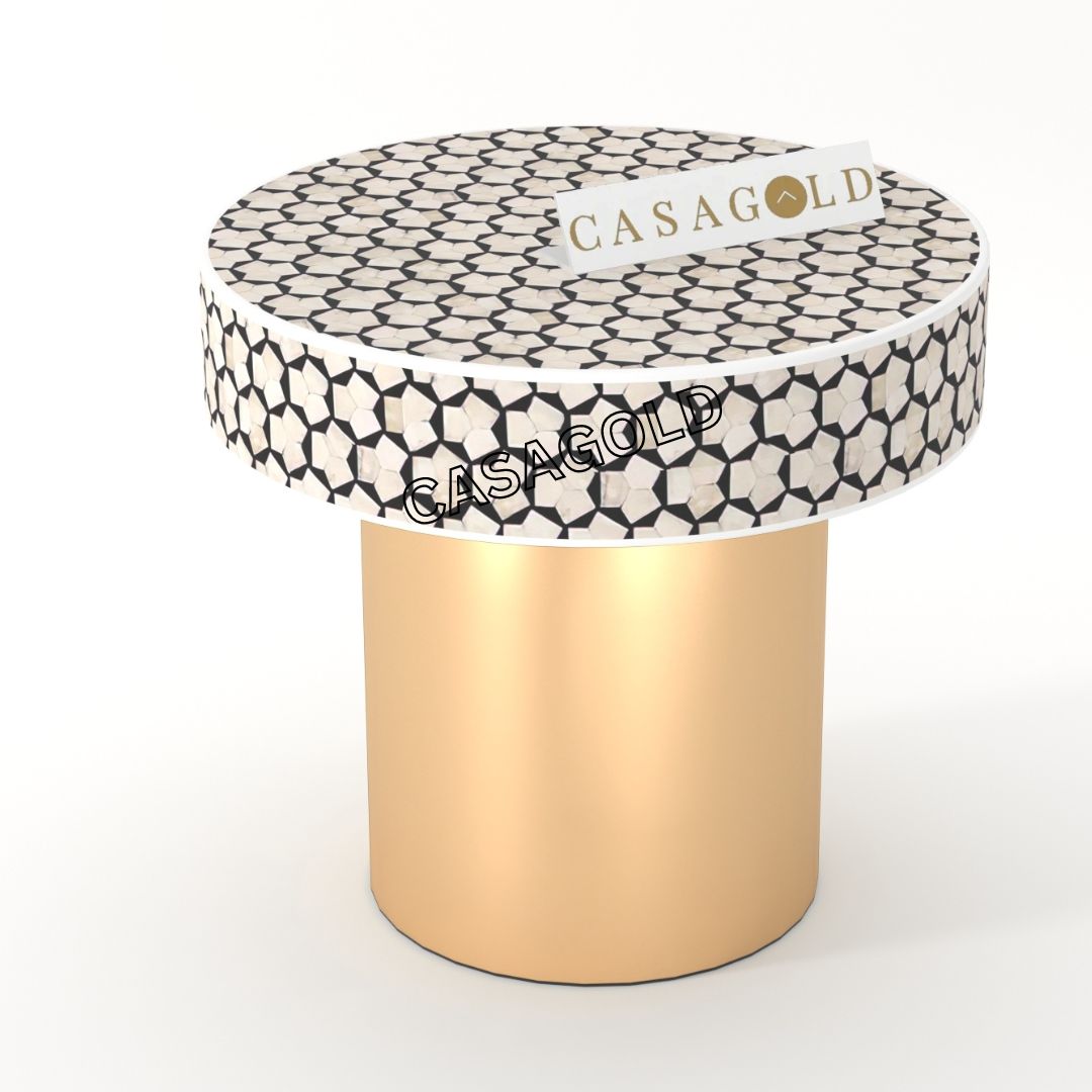"Neutral tone round bone inlay bedside table, versatile for all interior styles"