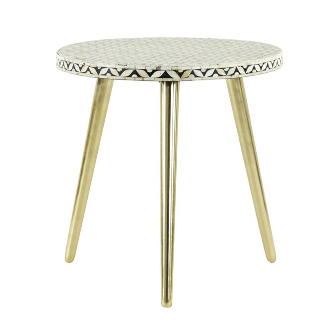 "Neutral tone round inlay side table supported by 3 sturdy legs for versatile decor"