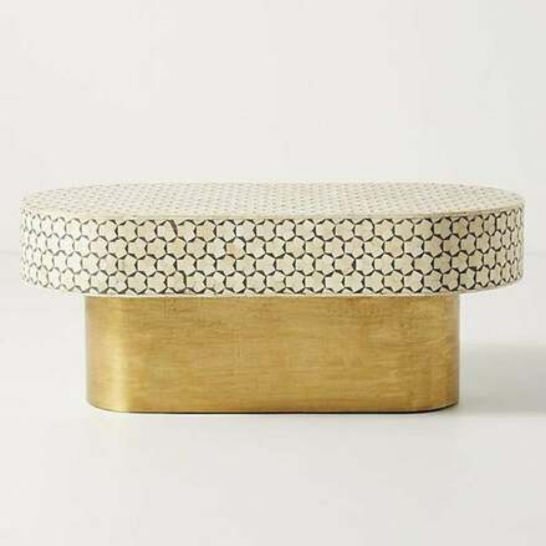 Oblong Bone Inlay Coffee Table with Floral Artwork