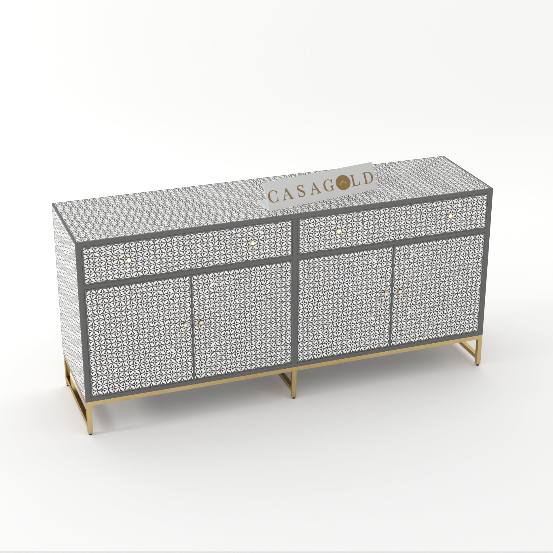 Ocean blue bone inlay sideboard with intricate floral detailing.