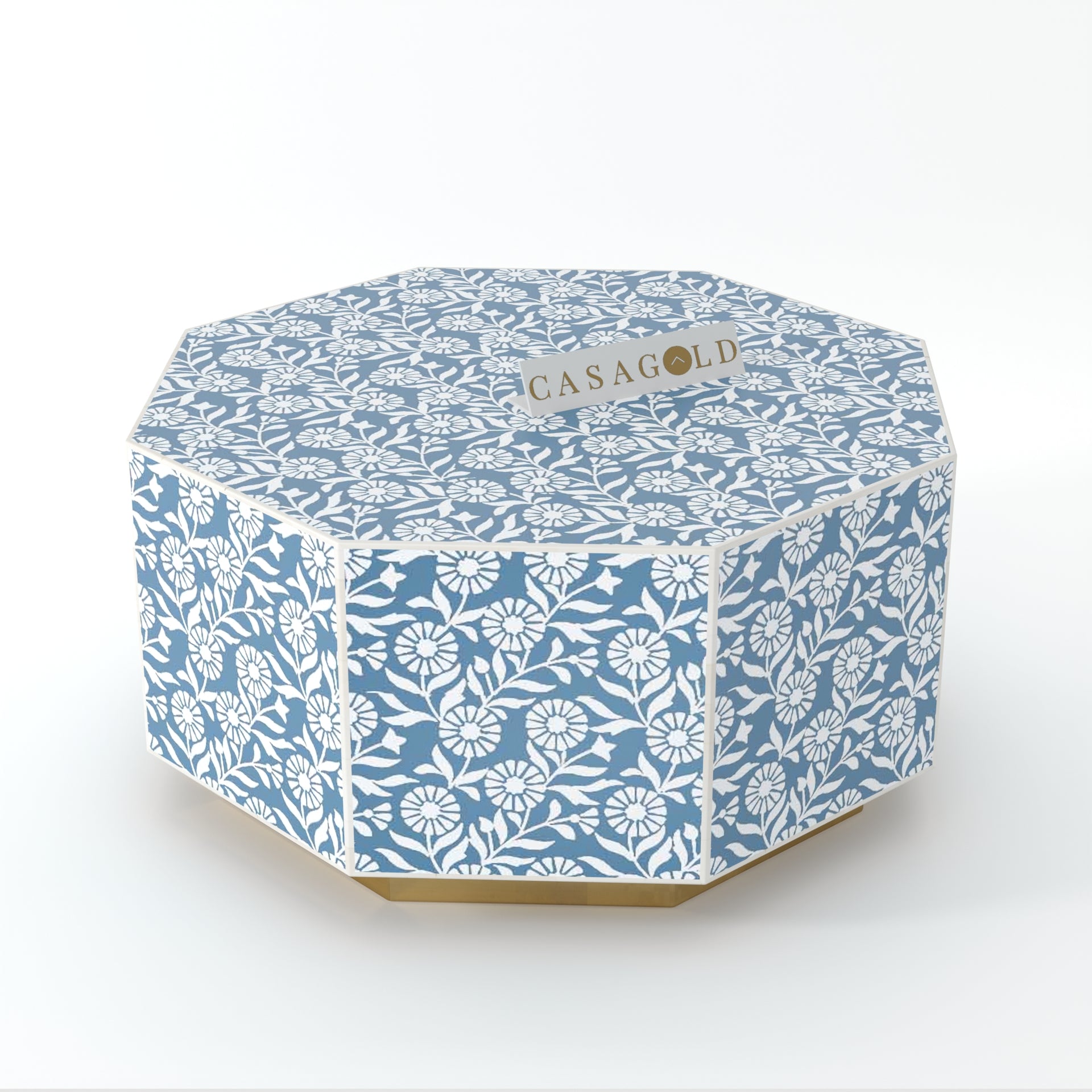 "Ornate bone inlay hexagon coffee table with a decorative finish"