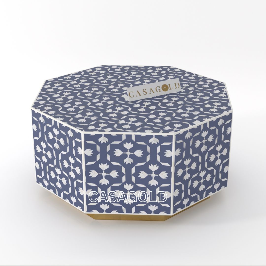 Ornate coffee table Hexagon with bone inlay art