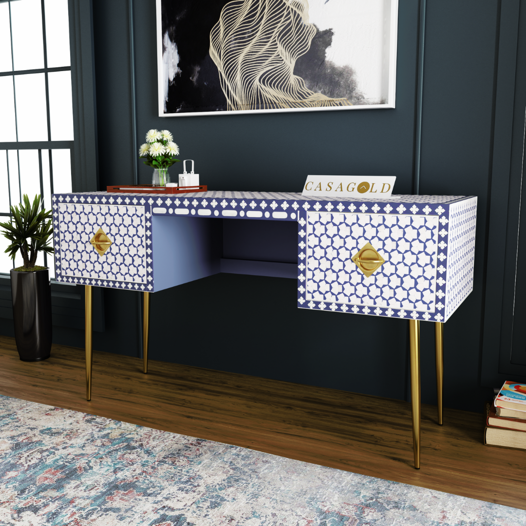 "Ornate floral inlay study desk crafted with a wooden frame and detailed patterns"