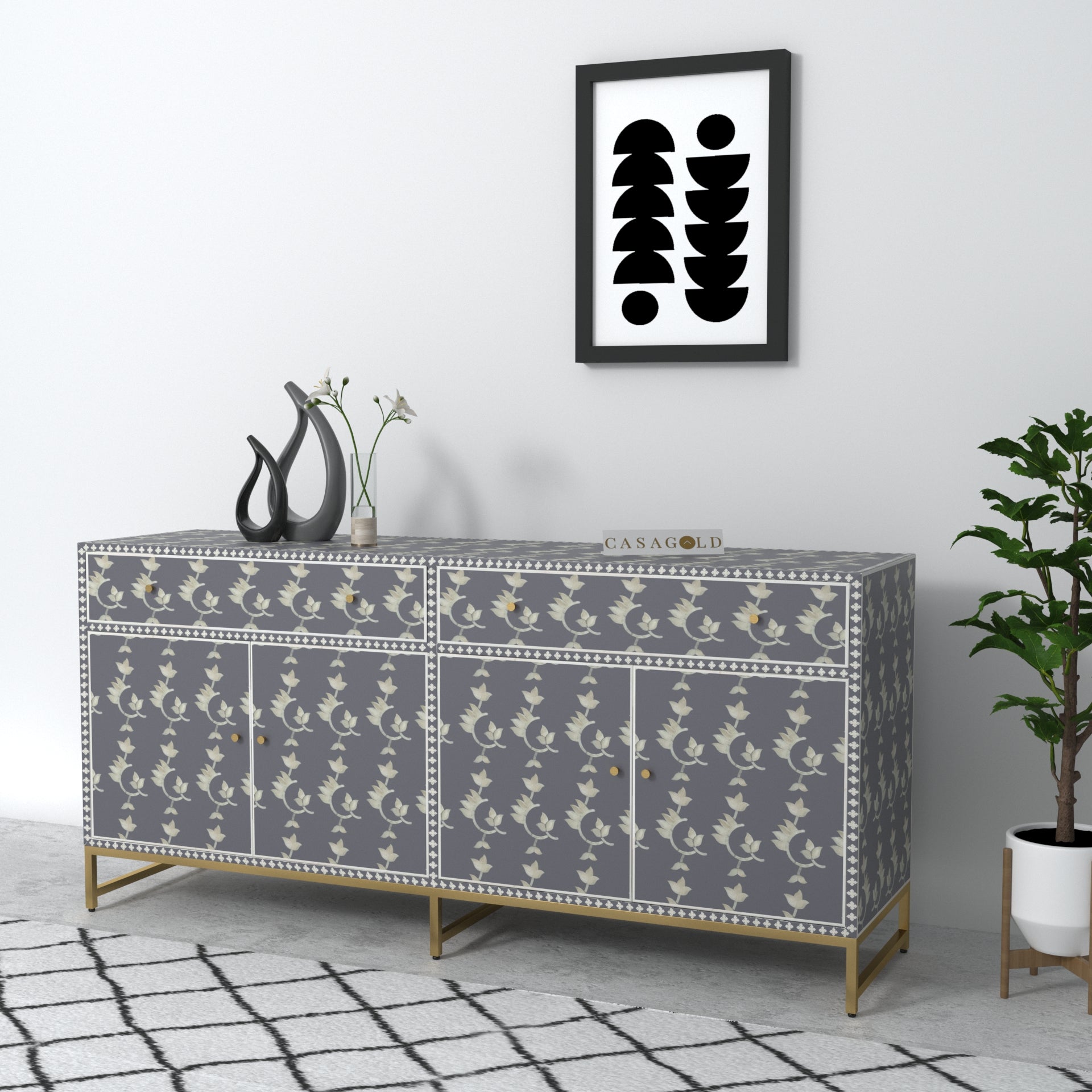 Peacock motif bone inlay sideboard with vibrant hues.