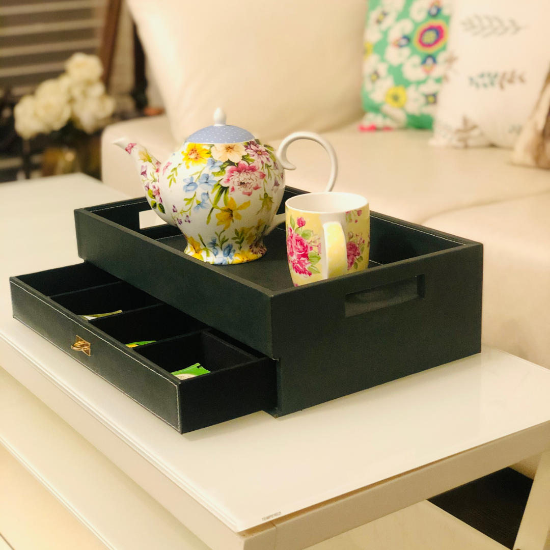 Premium wooden tray with tea storage compartments