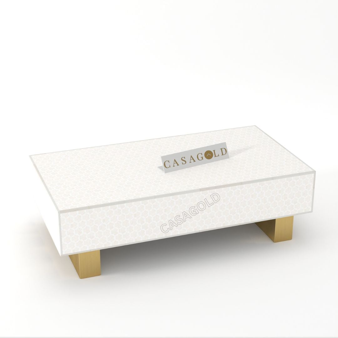 "Rectangular coffee table with abstract bone inlay artwork"