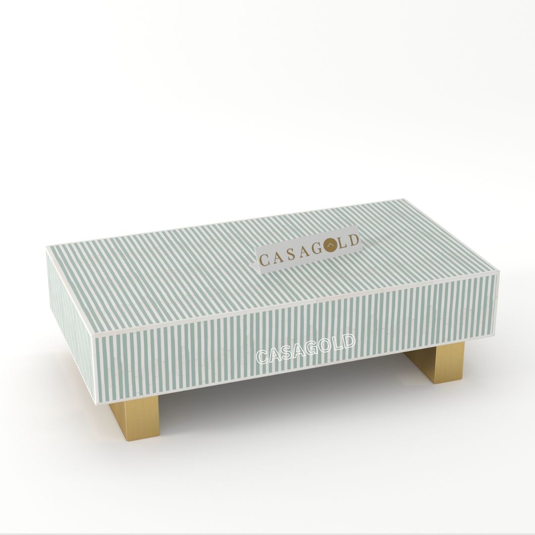 "Rectangular coffee table featuring chevron bone inlay