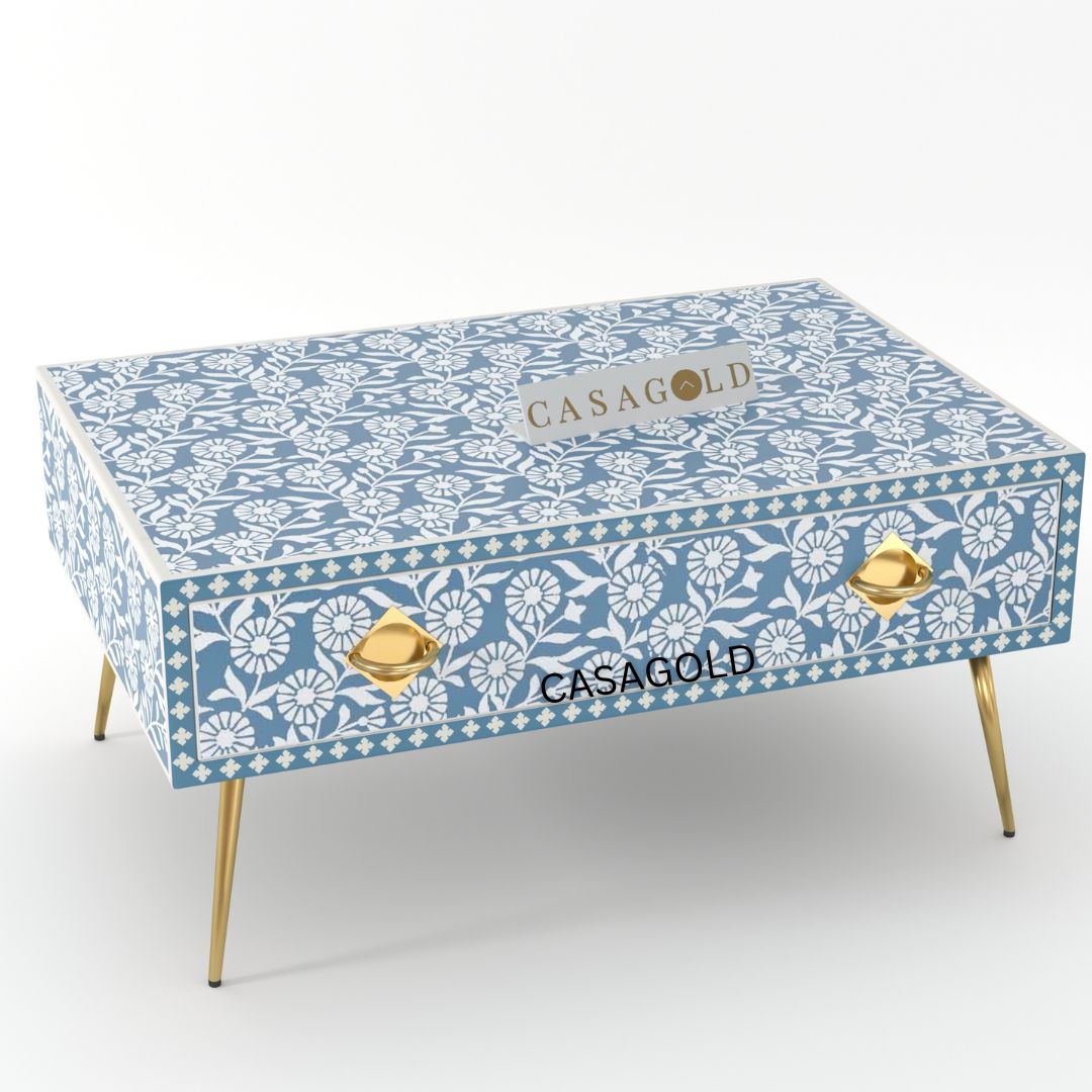 "Rectangular coffee table with abstract bone inlay artwork Sunflower