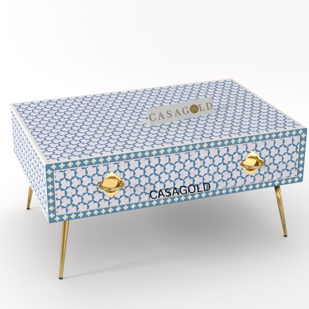 "Rectangular coffee table with abstract bone inlay artwork"