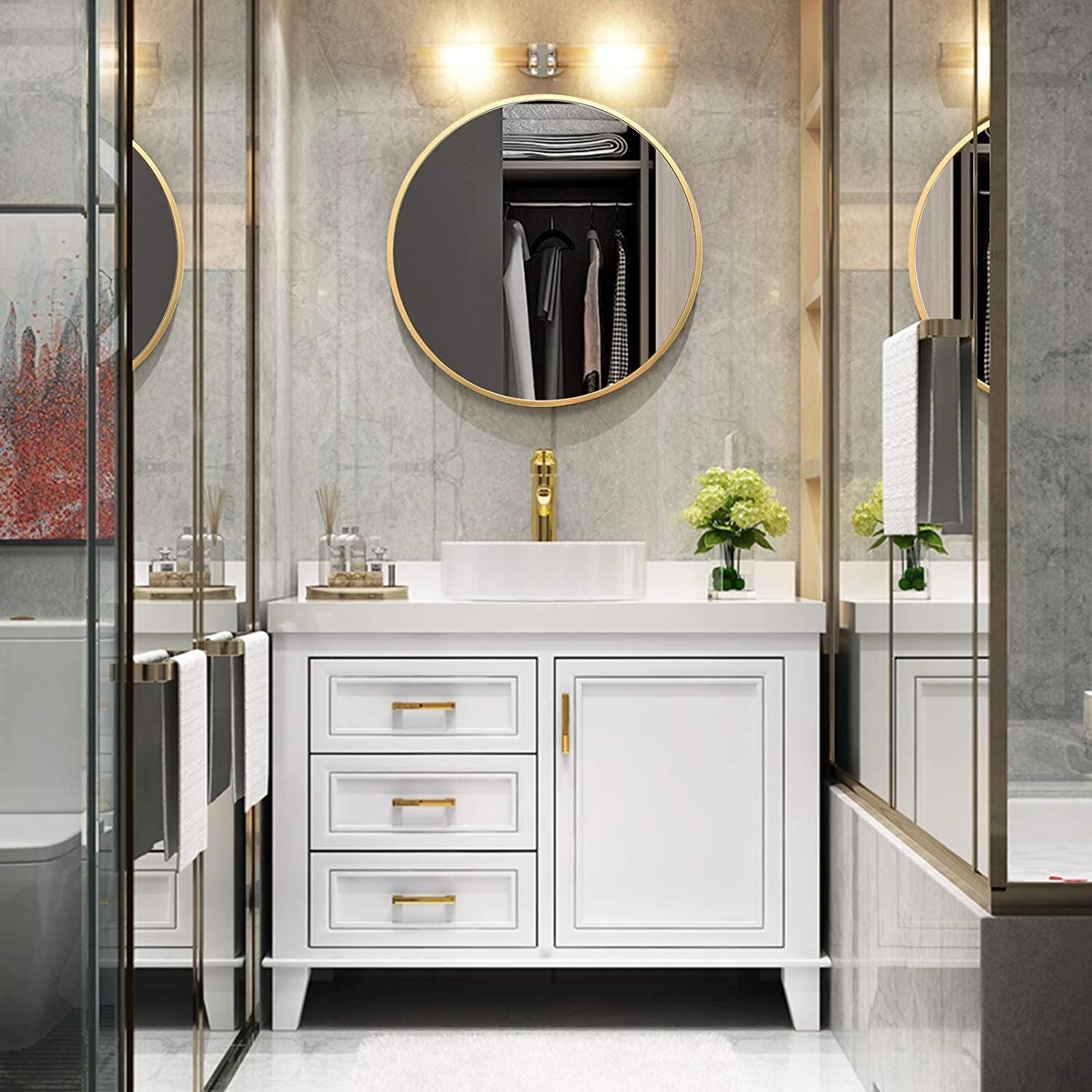 Round Gold finish steel frame glass mirror for warm decor tones