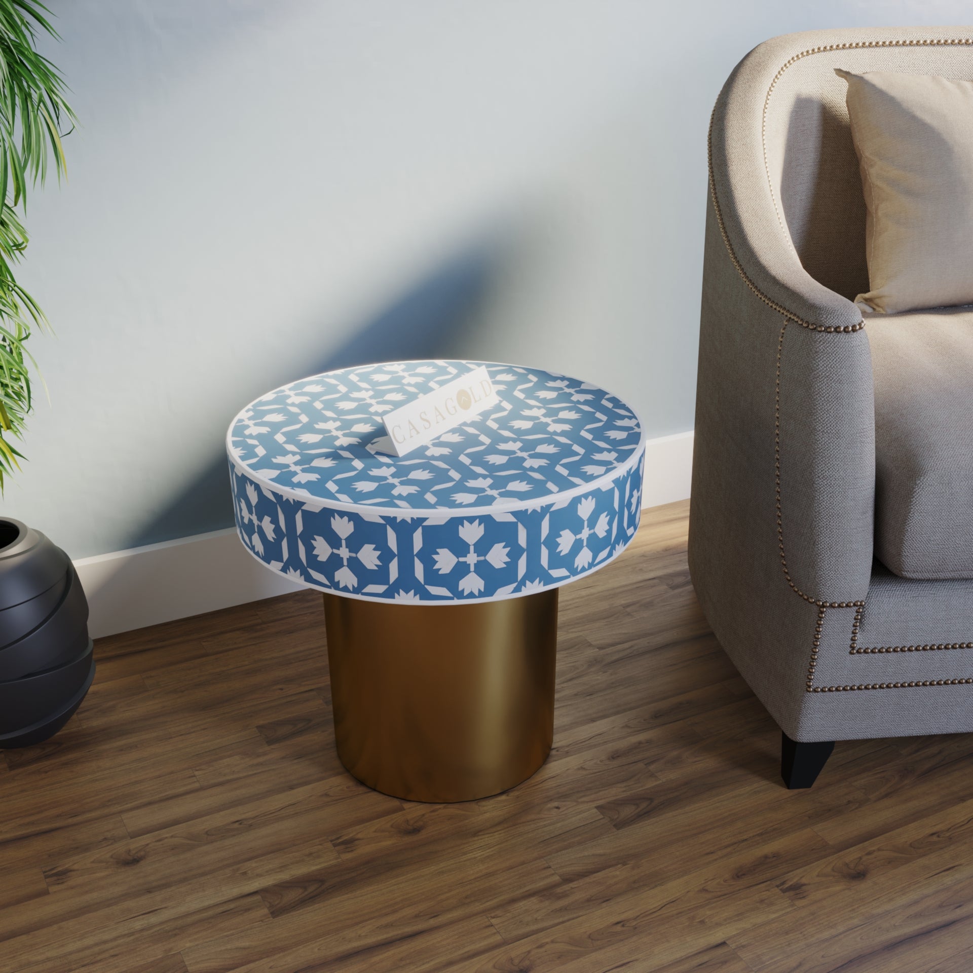 "Round bone inlay bedside table with a decorative base and floral design for elegance"