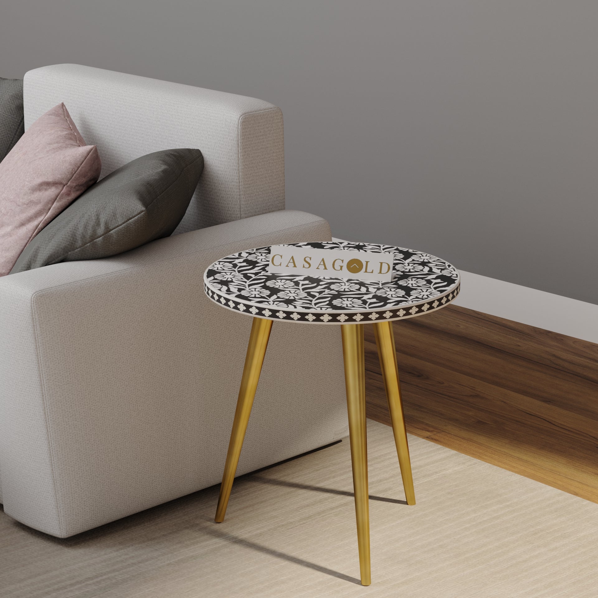 "Round inlay side table with Sunflower-inspired patterns and three legs"