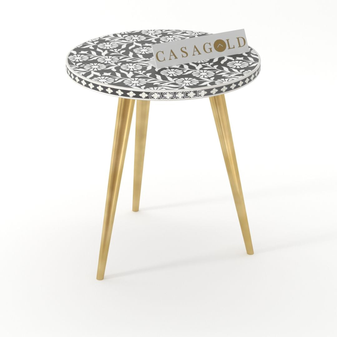 Rustic Round 3-Leg Bone Inlay Side Table