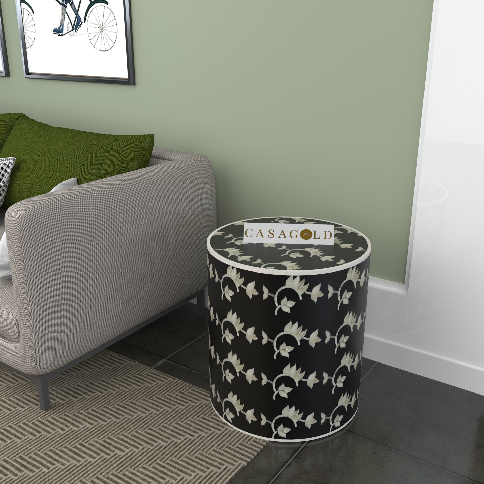 "Rustic drum inlay side table with natural handcrafted finishes"