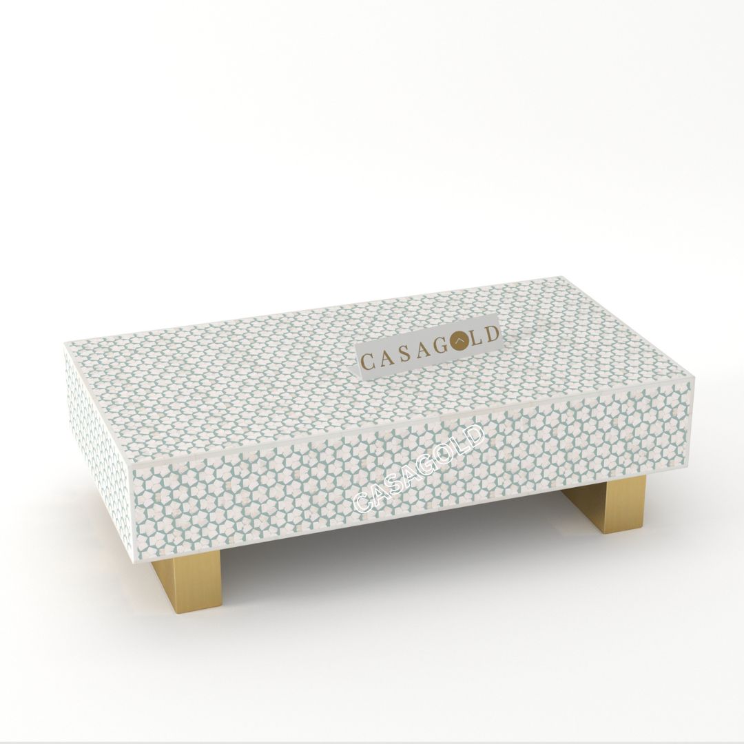 "Rustic rectangular coffee table with handcrafted bone inlay details"