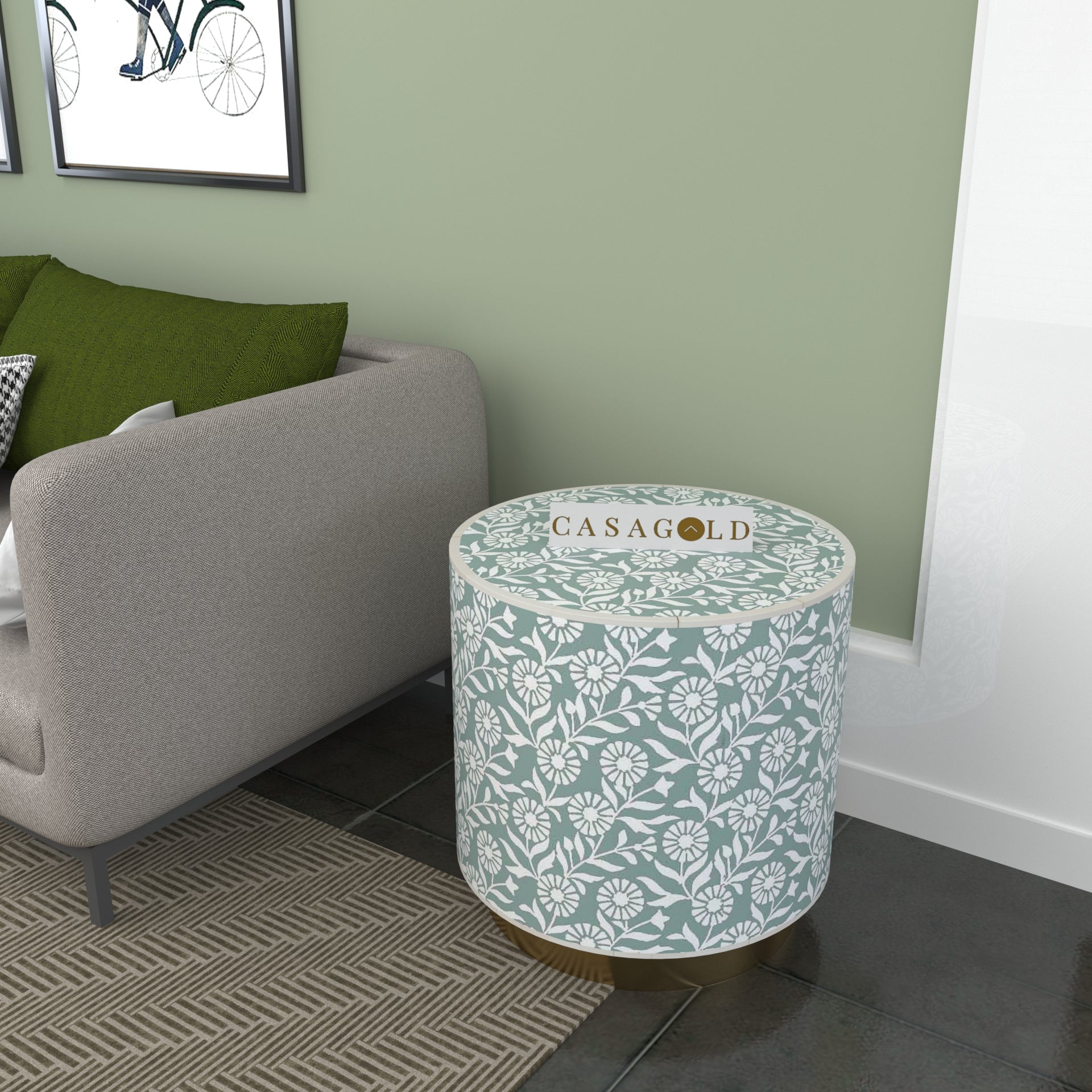 Sea Green Drum Inlay Side Table with Artistic Patterns