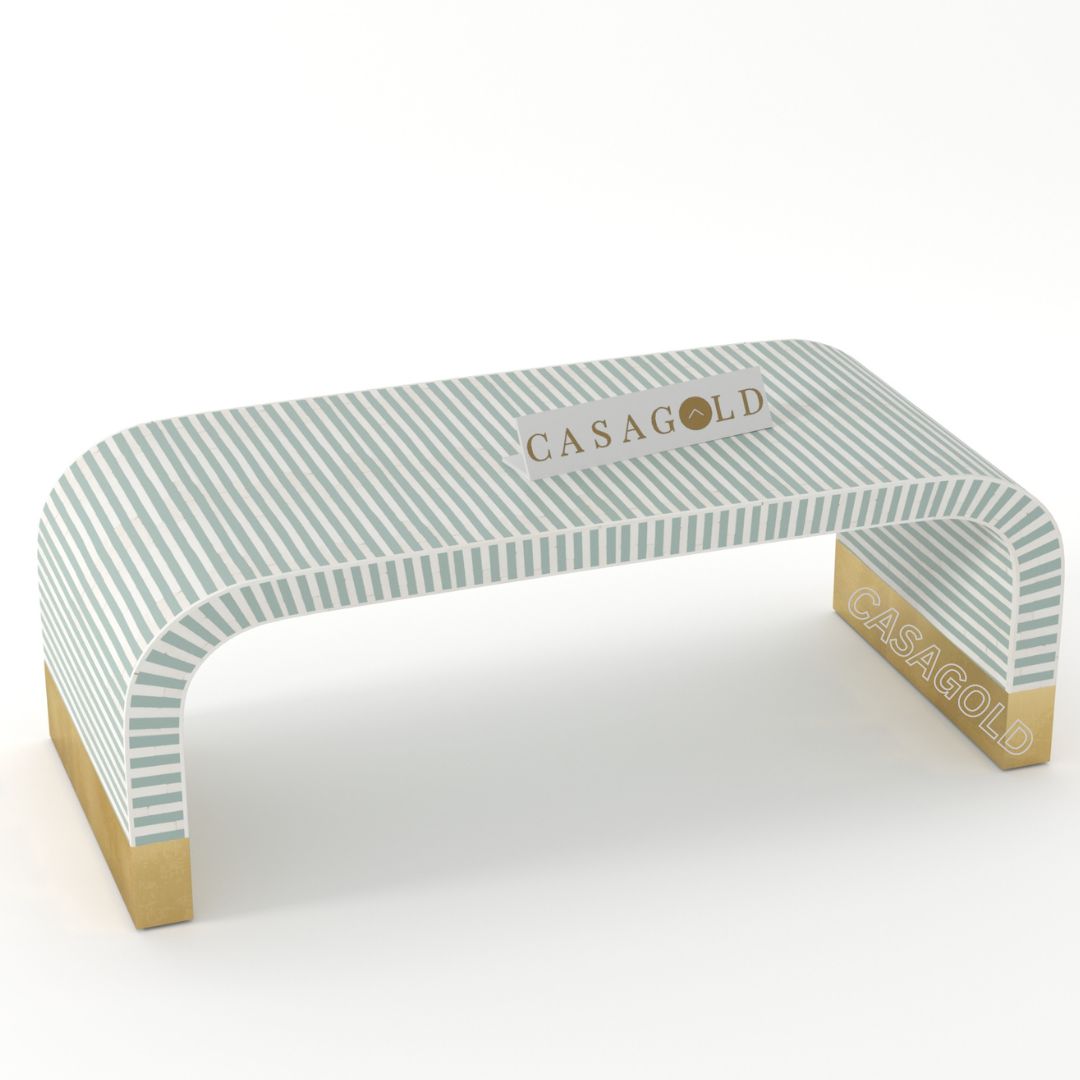 "sea Green and white rectangular coffee table with bold bone inlay"