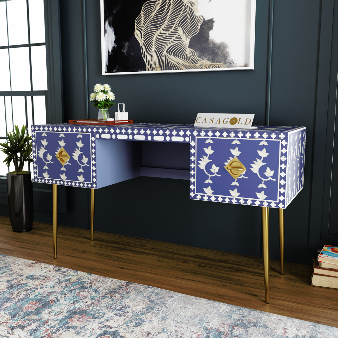 Sleek Blue bone inlay writing desk with spacious storage compartments