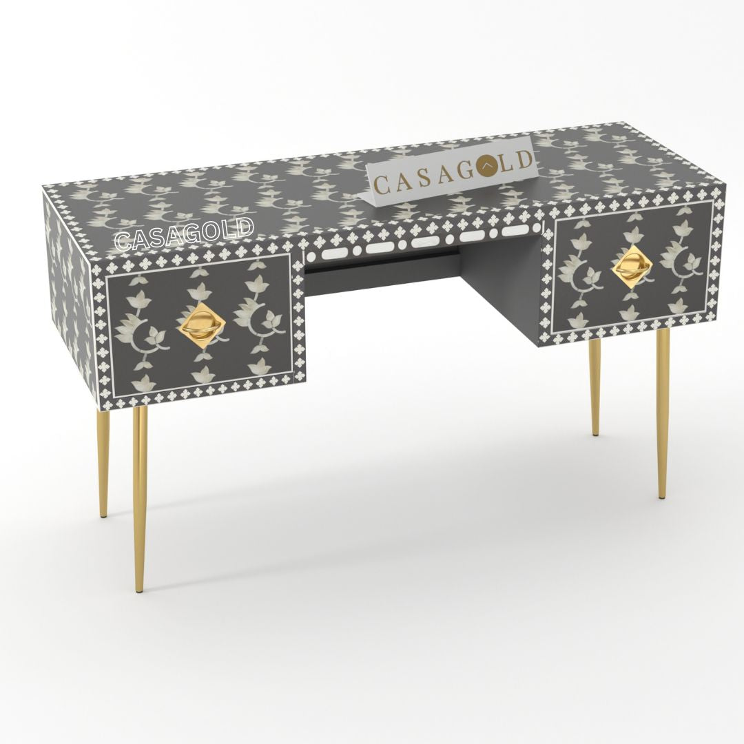 Sleek black bone inlay writing desk with spacious storage compartments