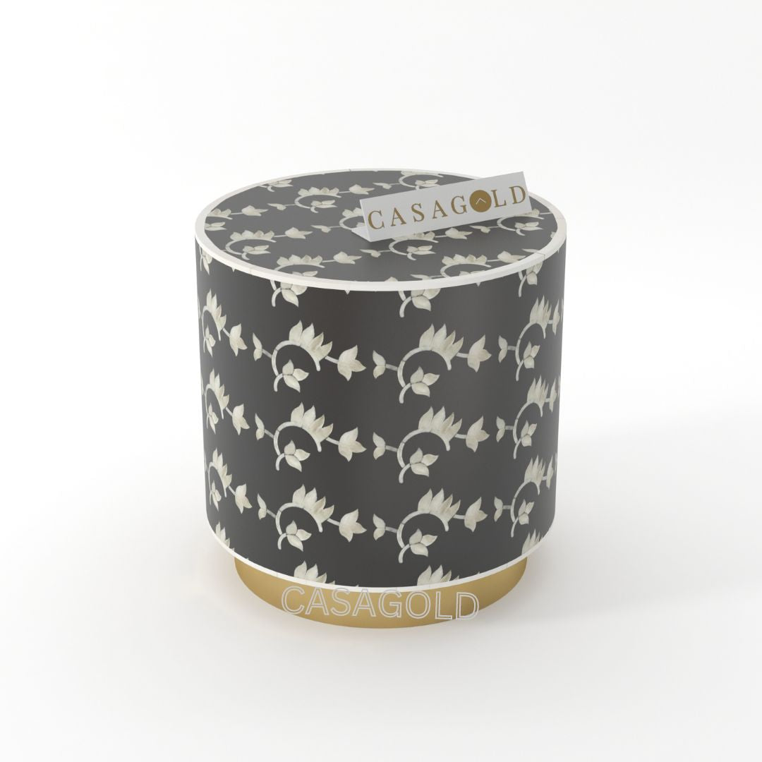 "Small Overlay -patterned drum inlay side table for compact spaces"