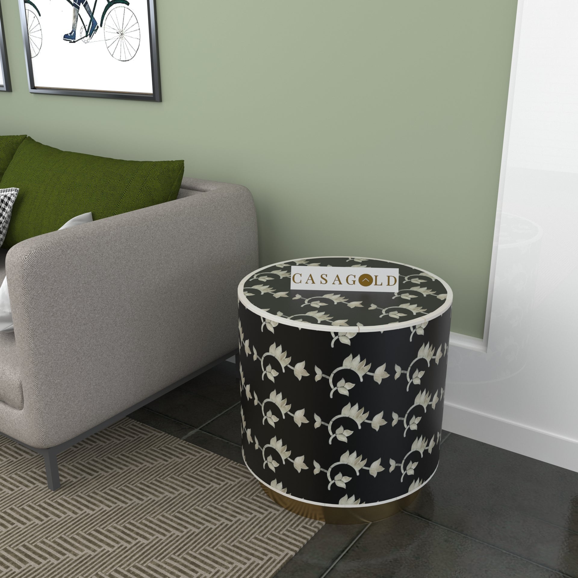 Small Overlay Bone Drum Inlay Side Table