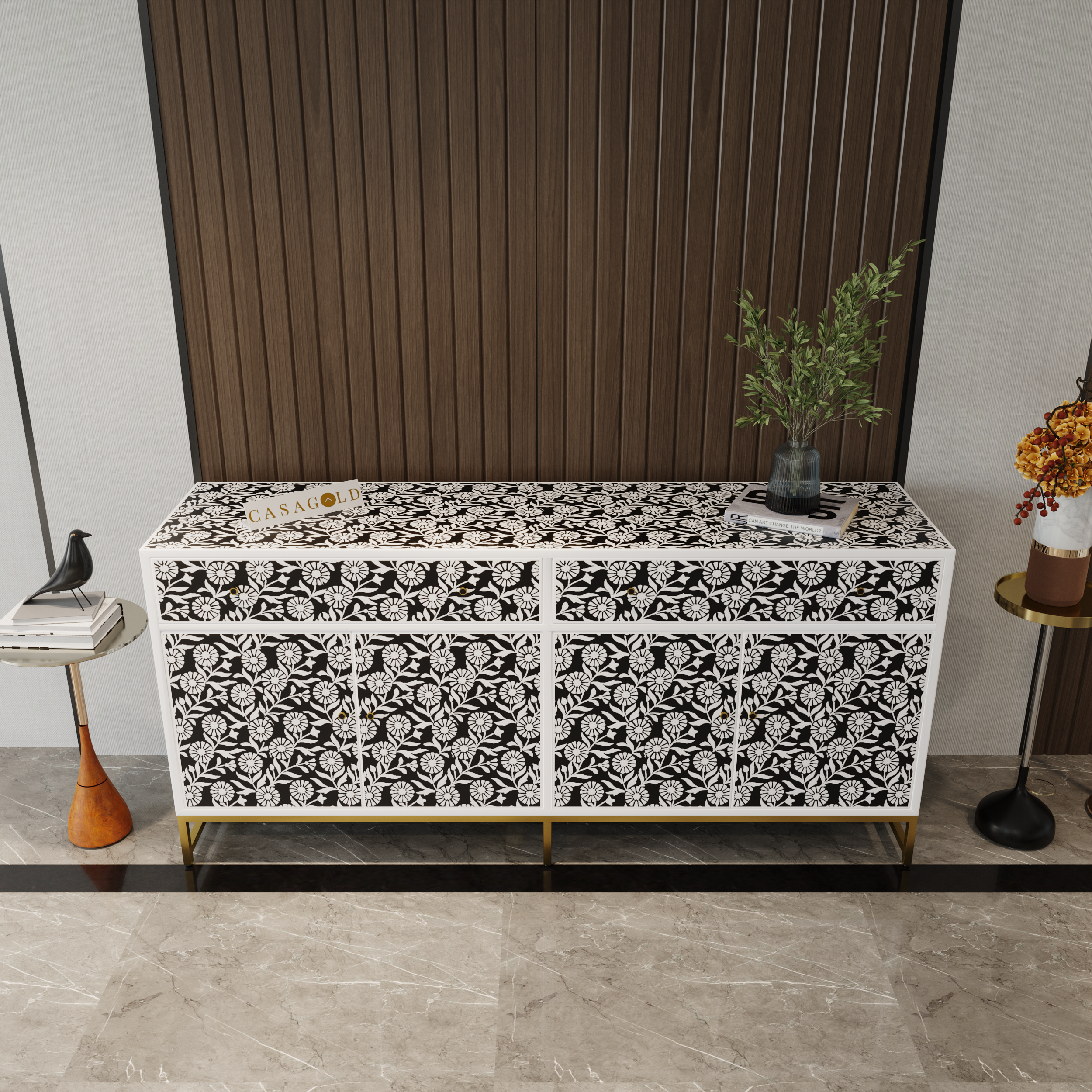 Vintage Rose Bone Inlay Sideboard slide out pantry large storage cabinets under sink cupboard
