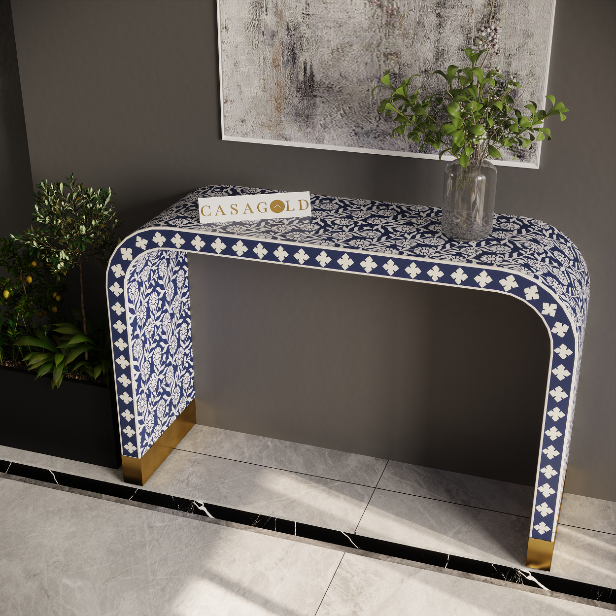White Bone Inlay Console Desk with Indigo Accents